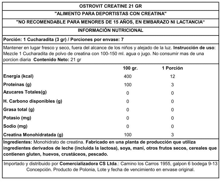 CREATINA OSTROVIT 21 G - SIN SABOR - SACHET SEMANAL