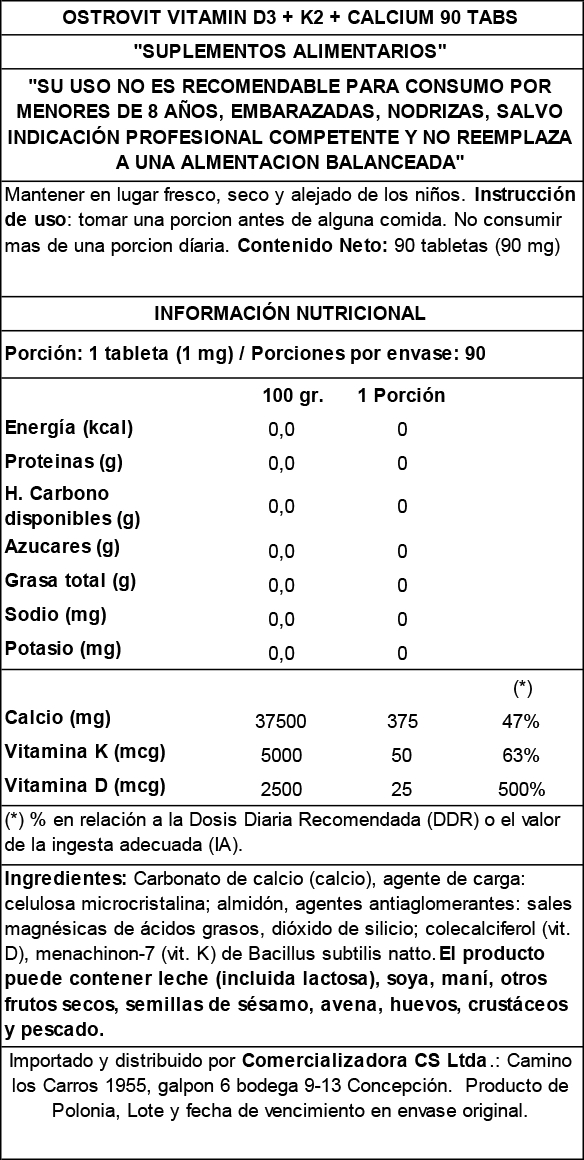 VITAMINA D3+ K2 + CALCIUM 90 TABLETAS - OSTROVIT