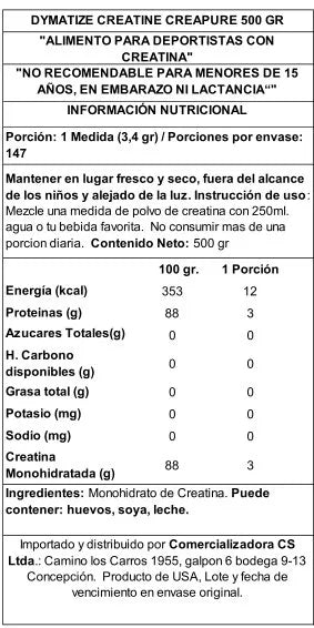 DYMATIZE CREATINA CREAPURE 500G - SIN SABOR