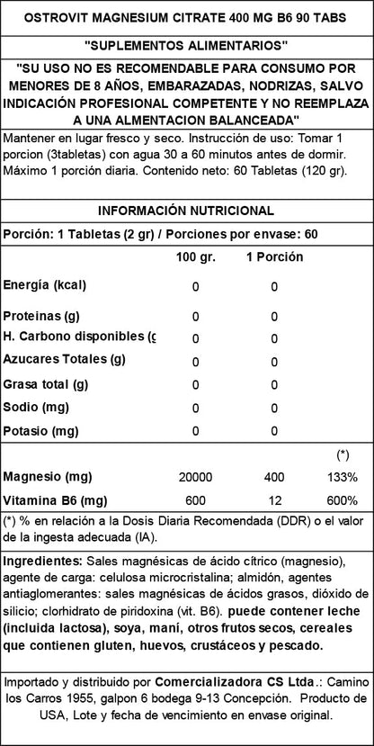 CITRATO DE MAGNESIO 400MG +B6 90 TABLETAS - OSTROVIT