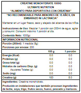 CREATINA MONOHIDRATADA 1KG 200 SERVICIOS - ULTIMATE NUTRITION