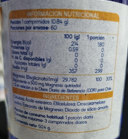 MAGNESIO QUELADO 500 MG 60 COMPRIMIDOS - SUPLALIM