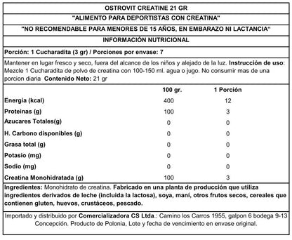 CREATINA OSTROVIT 21 G - SIN SABOR - SACHET SEMANAL