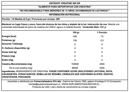 CREATINA MONOHIDRATO SIN SABOR 500 GR - OSTROVIT