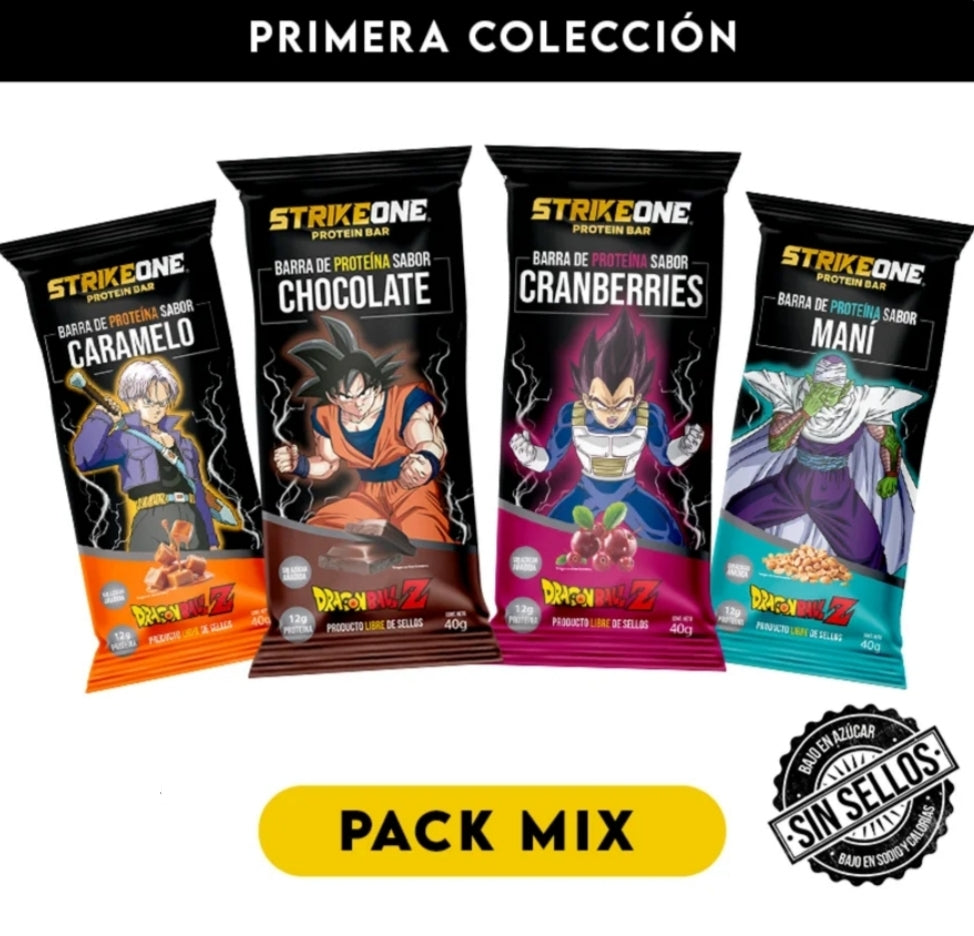 PACK MIX 20 BARRAS DE PROTEINA TRUNKS, VEGETA, GOKU y PICCOLO - STRIKE ONE